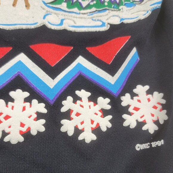 Vintage 90s Black Ugly Christmas Sweatshirt Puff Print Seasons Greetings sz L - Picture 3 of 11